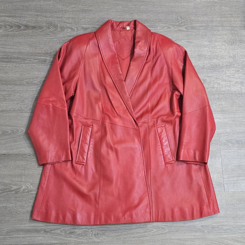 VTG Preston And York Red Lambskin Leather Coat Open Front Mid Length Women's L - Picture 4 of 16